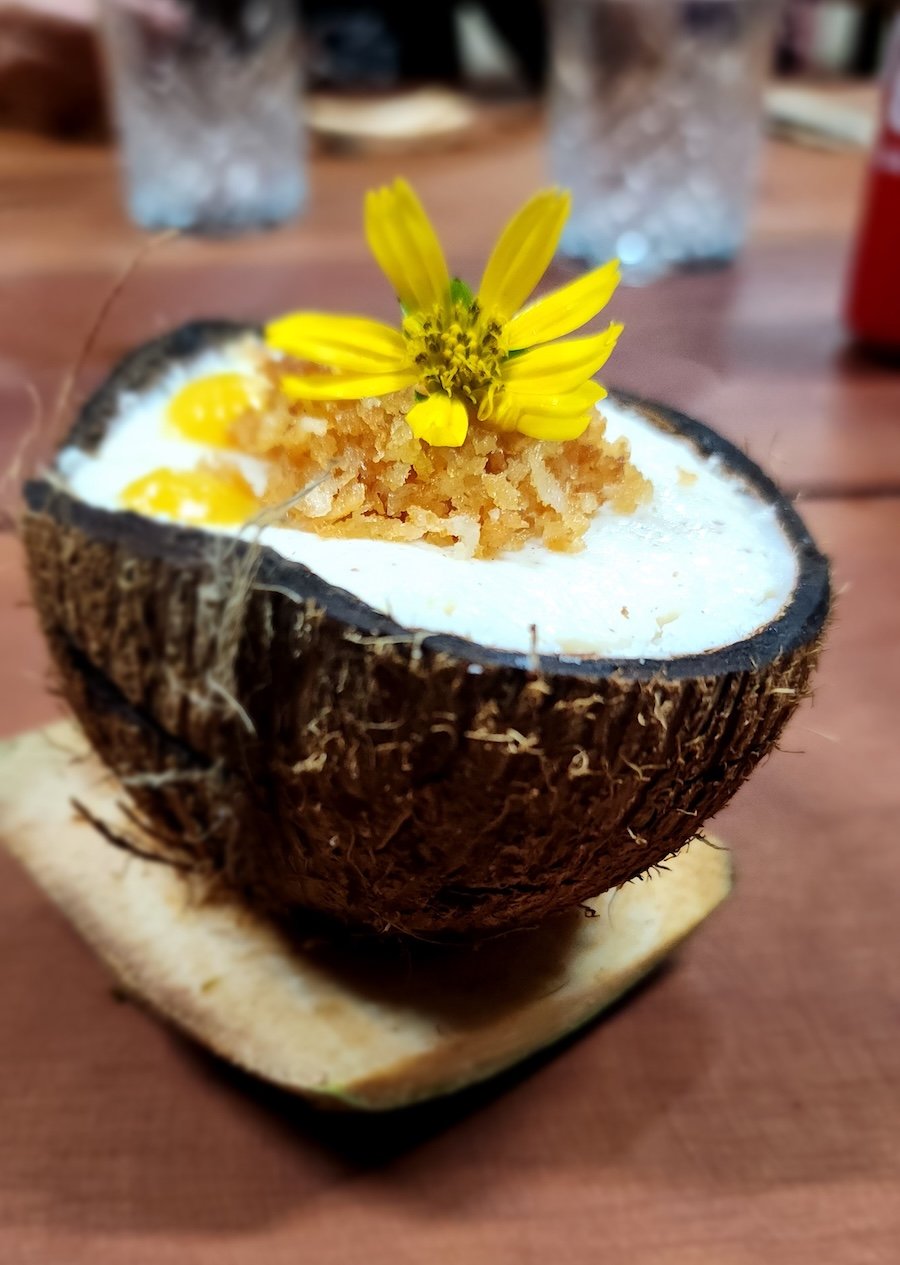 A coconut shell filled with a creamy white dessert topped with crushed cookies or crumble and a yellow edible flower, placed on a small white plate on a wooden table with blurred glasses and a red bottle in the background.