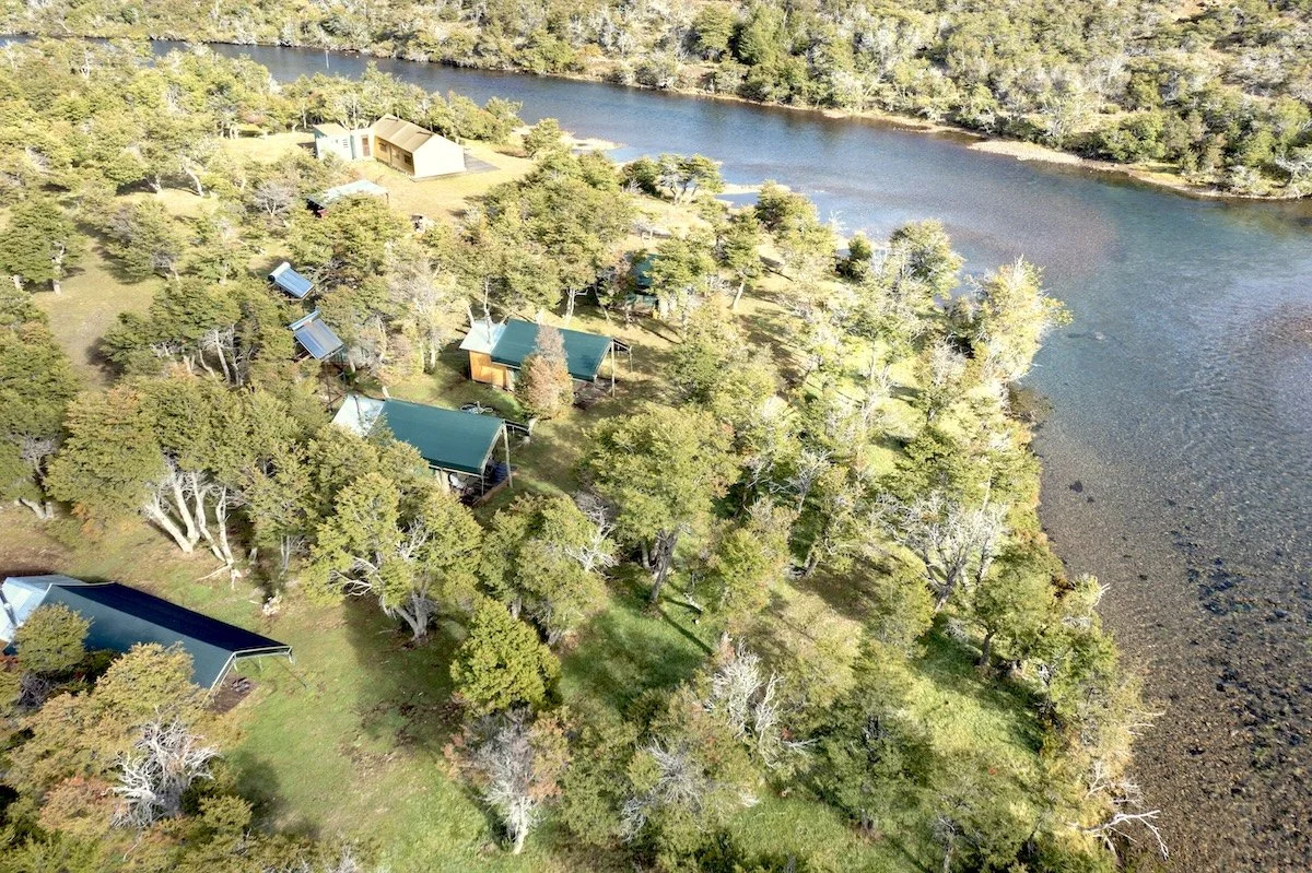 Aerial view of Brook Trout Base Camp beside the Río Corcovado in Chubut, Argentina