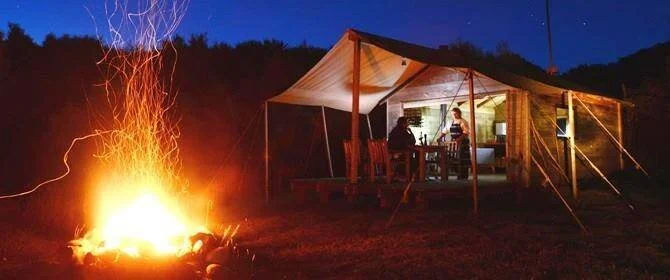 Poronui Lodge at night in New Zealand