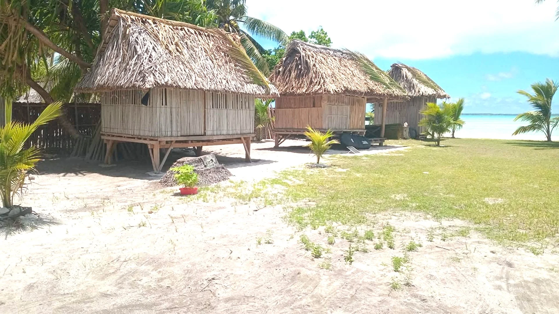 A small traditional hut with bamboo walls, a thatched roof, and elevated on wooden stilts, surrounded by tropical vegetation.