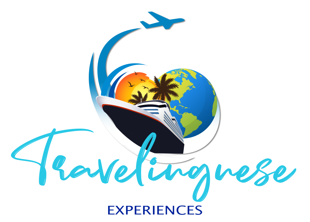 Travel logo featuring a cruise ship, airplane, globe, and sunset with palm trees.