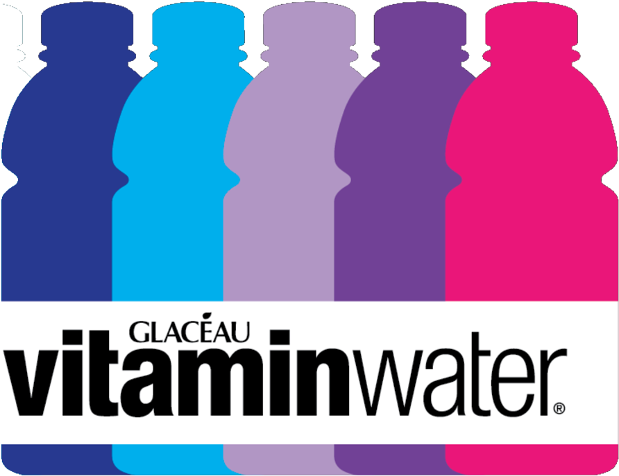 Colorful illustration of five Vitaminwater bottles in blue, cyan, lavender, purple, and pink with "Glacéau Vitaminwater" text at the bottom.