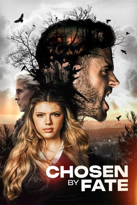 "Chosen by Fate" movie poster featuring a woman and two men with a dramatic background of trees, birds, and a sunset. The title is in bold at the bottom.