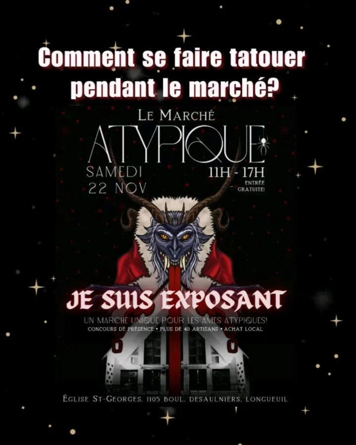 Je tatoue EN DIRECT &agrave; @le_marche_atypique &mdash; dessin exclusifs, runes &amp; sigils personnalis&eacute;s 

Le 22 novembre, je serai au March&eacute; Atypique &agrave; Longueuil pour une journ&eacute;e compl&egrave;te de tattoos mystiques, r