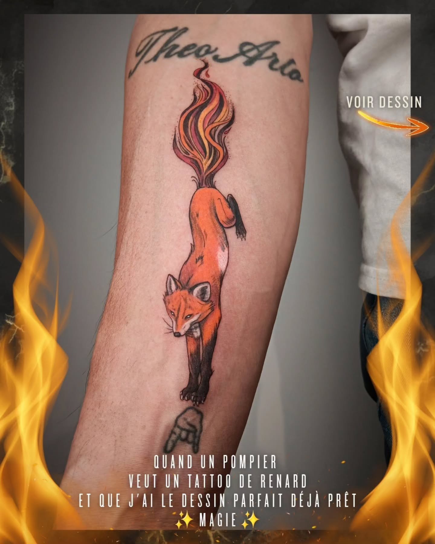 🔥 Quand la synchronicit&eacute; s&rsquo;en m&ecirc;le&hellip; 🔥
Mon client voulait un tatouage de renard. Je lui montre alors un design de ma feuille de flash d&eacute;di&eacute;e &agrave; l&rsquo;&eacute;l&eacute;ment Feu : un renard agile, rus&ea