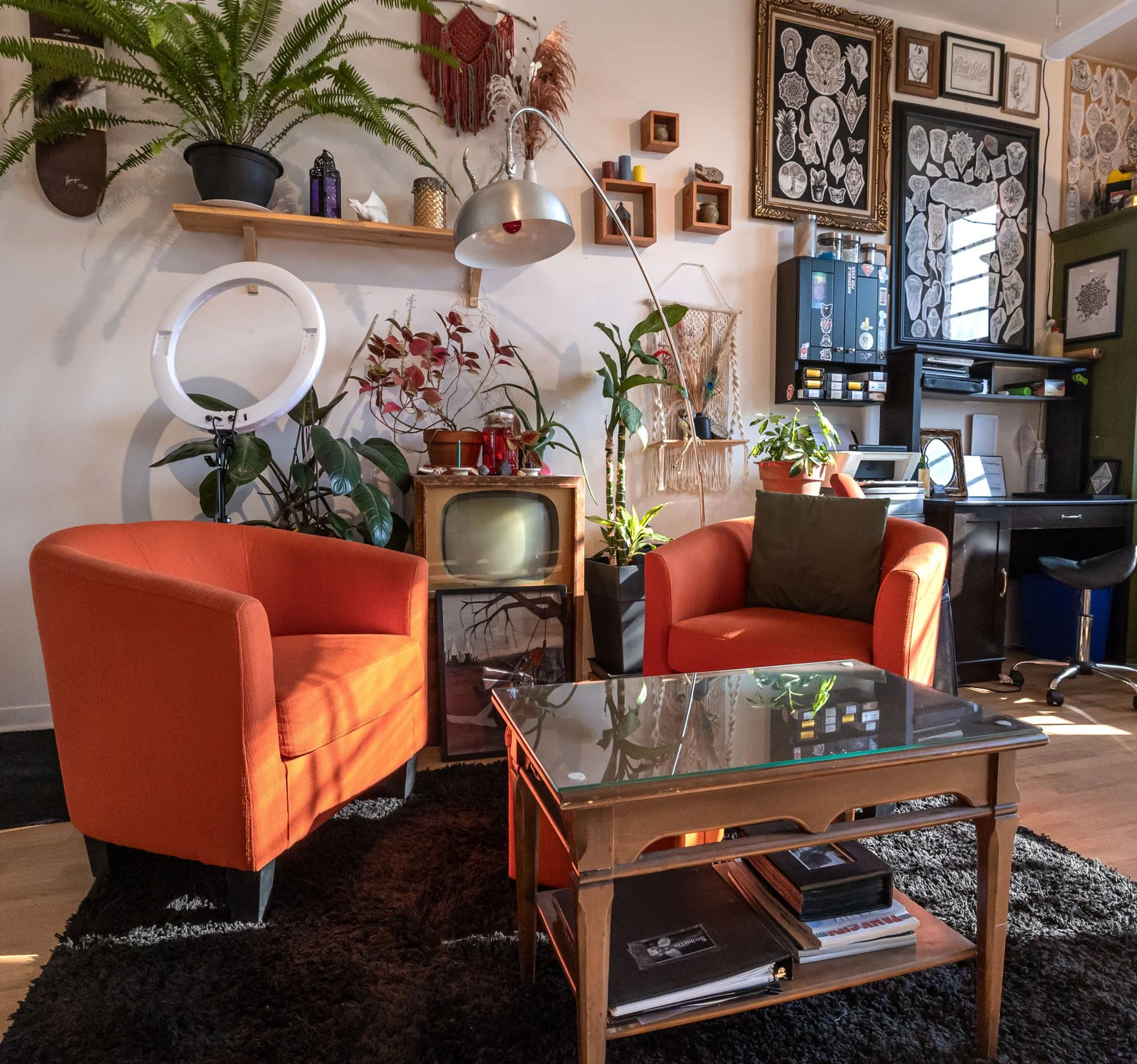 Salon avec deux fauteuils orange, table en verre, plantes, télévision vintage, étagères avec décoration, bureau avec ordinateur et affiches d'art sur le mur.