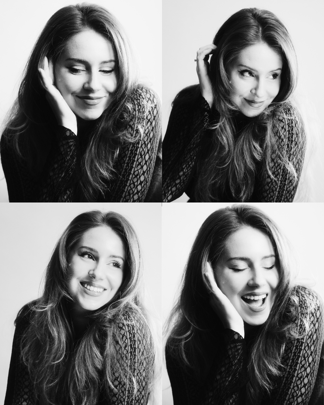 Four black and white photos of a young woman with long wavy hair, showcasing various joyful and contemplative expressions.
