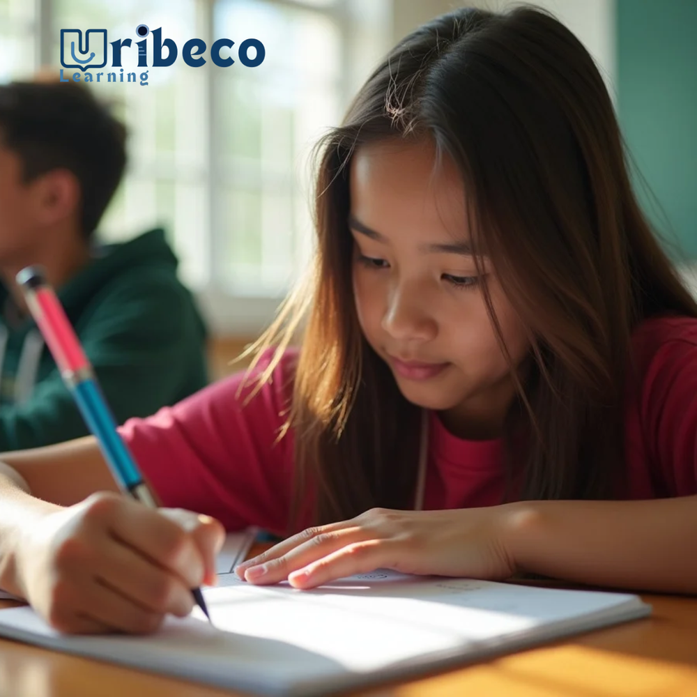 Alumna de Uribeco Learning escribiendo en clase: Marketing Educativo Digital para colegios