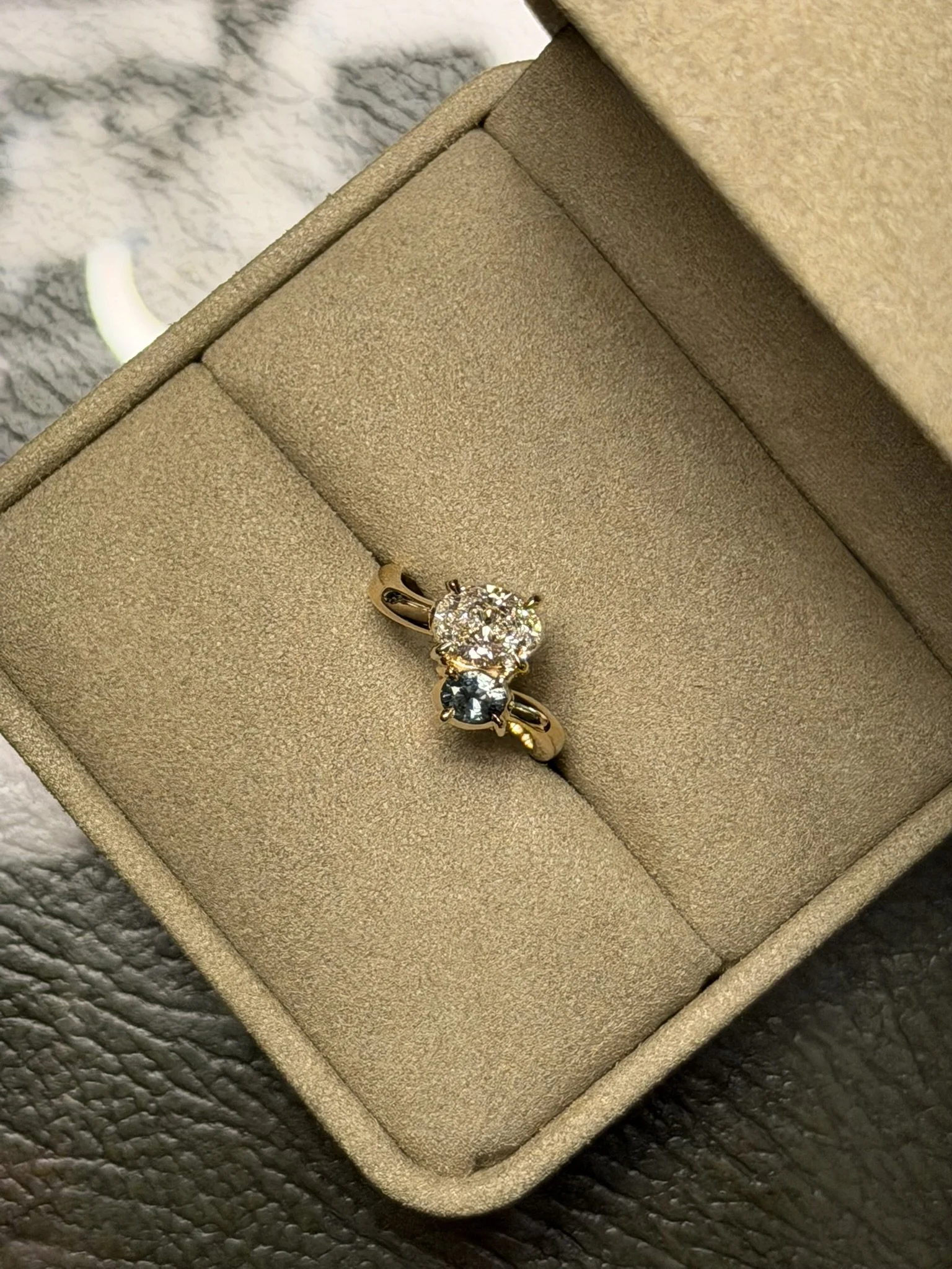 18K Yellow Gold, Oval Diamond and Bluish Green Oval Sapphire