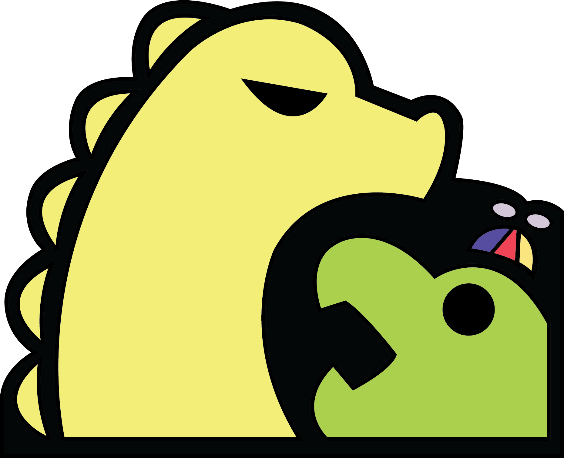 Cartoon of a yellow dinosaur with fin-like ridges on its back, holding a green telephone receiver to its ear and talking, with the phone's cord visible.