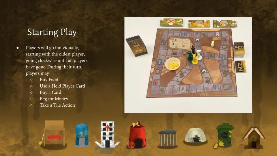 A board game setup with game pieces, cards, and chips on a game board, with instructions for starting play on the left side.