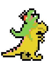Pixelated image of a green dinosaur with a red crest, standing on its hind legs with its mouth open.
