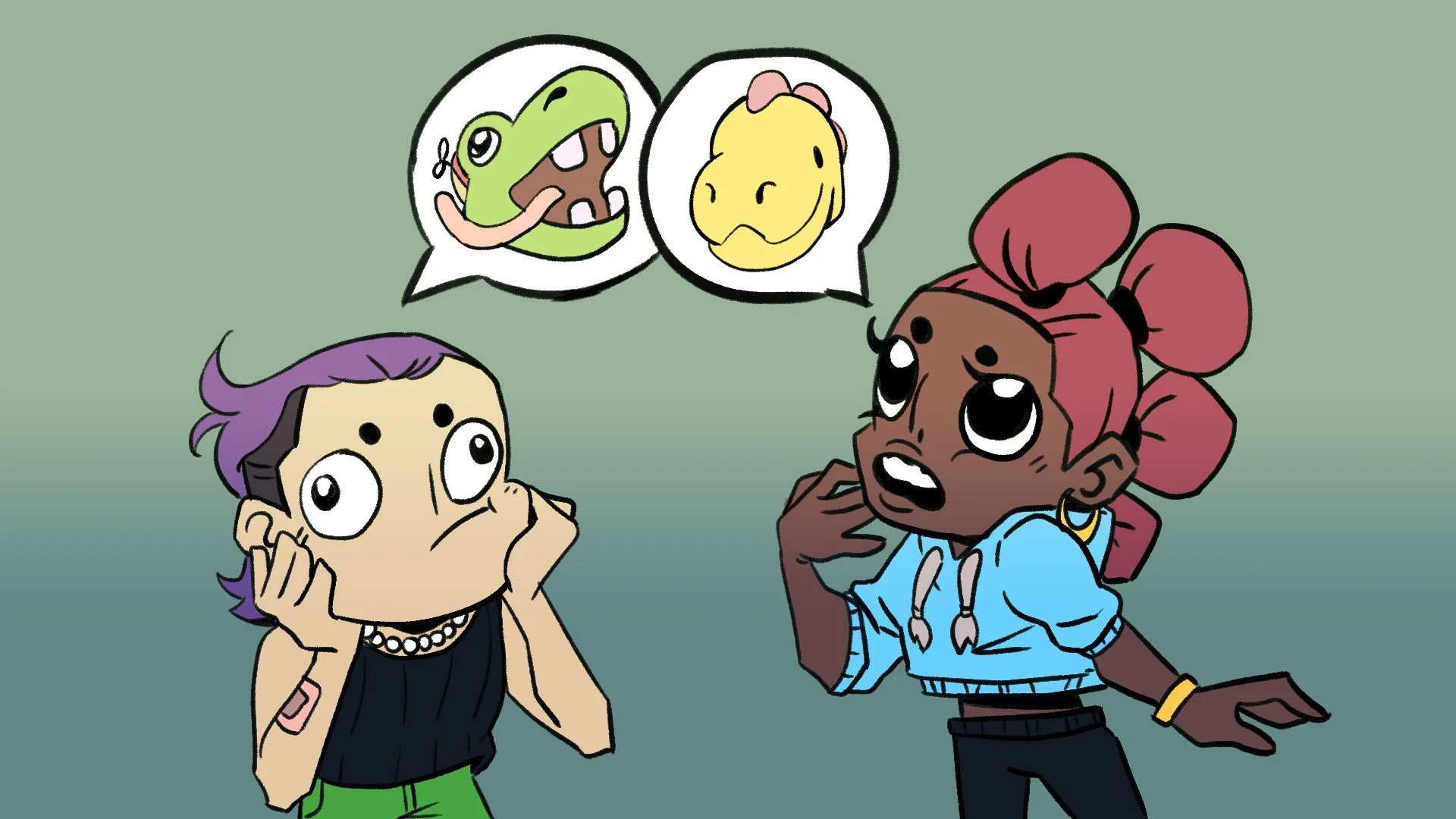 Two young girls with expressive faces are talking, with speech bubbles showing cartoon dinosaur characters. One girl has purple hair and is wearing a black sleeveless top, while the other has red styled hair in large buns and is wearing a light blue shirt.
