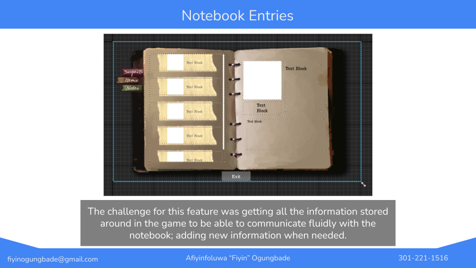 Screenshot of a graphic that displays an open notebook with labeled entries, tags on the left side, and notes on the right. The background is black with a blue header titled 'Notebook Entries.'