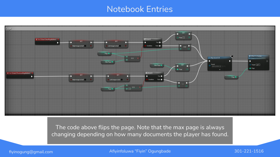 Screenshot of a visual programming interface labeled 'Notebook Entries' with nodes and connections for flipping pages, including conditions for page limits, and a note explaining the code functionality and page count adjustments.