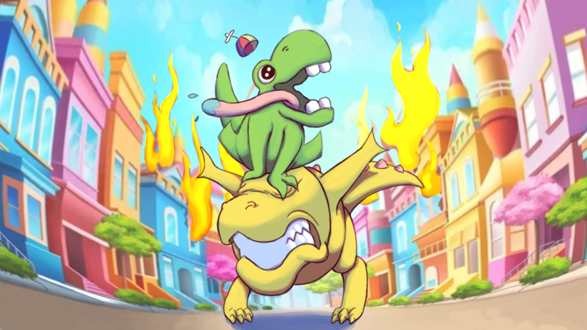 A cartoon dinosaur riding on a fierce-looking yellow creature with flames on its back, set against a colorful city street background with pink and pastel buildings, trees, and a bright blue sky.