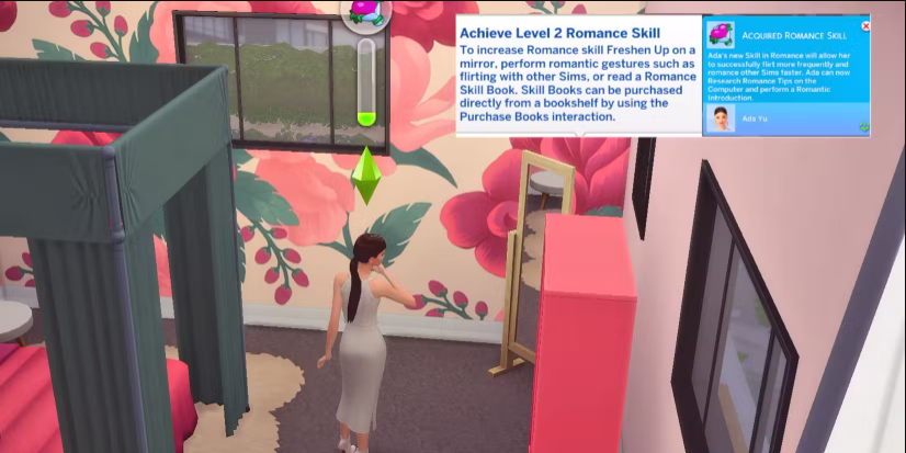 A female character in a video game standing in a bedroom with floral wallpaper, a mirror, a pink wardrobe, and a bed with a pink canopy. Screen prompts about romance skill levels are visible.