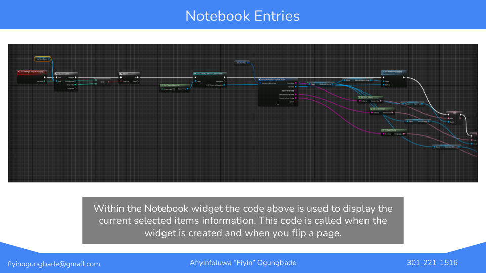 A digital screenshot of a node-based visual scripting or programming interface labeled "Notebook Entries." The interface contains various interconnected colored nodes on a dark grid background. Below the image, a gray box describes that it shows code