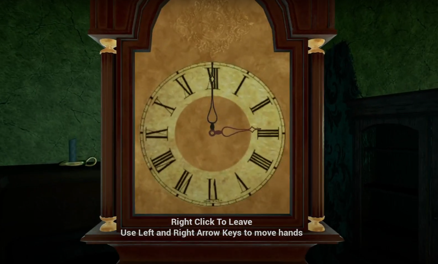 An antique wooden clock with Roman numerals showing the time as 3:00, with a green textured wall and objects like a candle on a dark surface in the background.