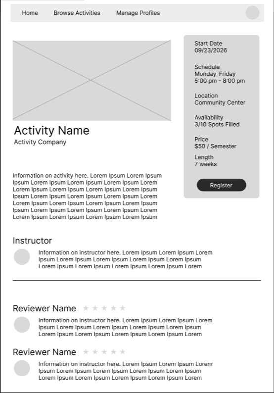 This area will display parent or guardian reviews, including star ratings and short written feedback, to help users quickly gauge the quality of the activity.