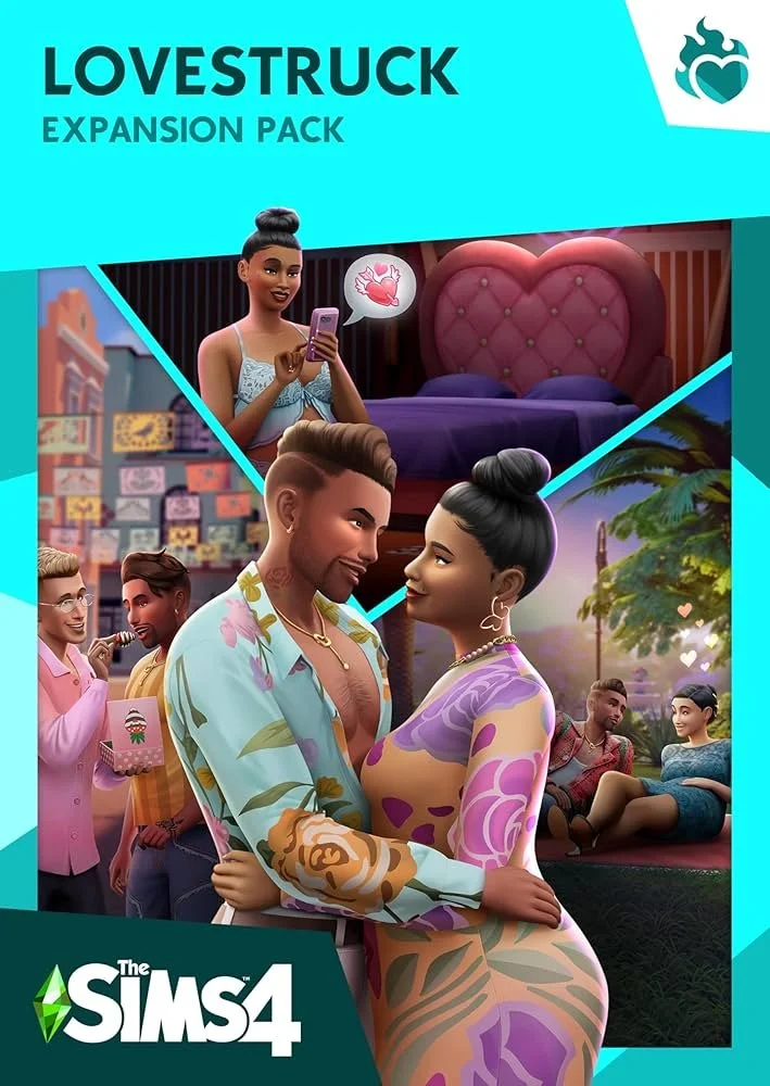 Cover art for The Sims 4 Lovestruck Expansion Pack featuring couples in romantic settings including a bedroom, outdoor picnic, and party scene.