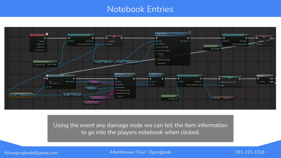 Screenshot of a visual scripting interface with nodes and connections, titled 'Notebook Entries,' explaining how to use event damage nodes to display item information in a player's notebook when clicked.