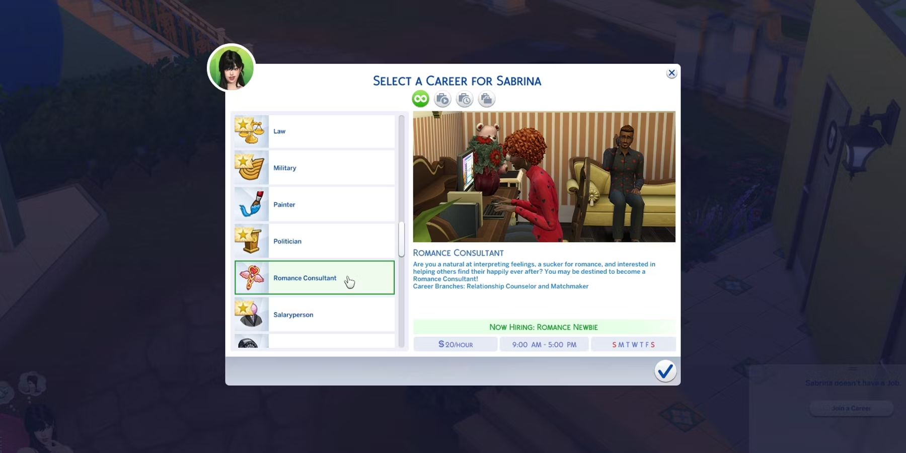 Screenshot of a video game career selection menu showing Sabrina choosing the Romance Consultant career, with a preview image of her at a computer with toys and two characters sitting nearby.