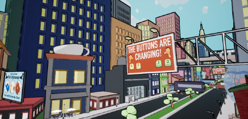 Colorful cityscape illustration with tall buildings, a pedestrian bridge, and billboards; one digital billboard states, "The buttons are changing!" with key icons.