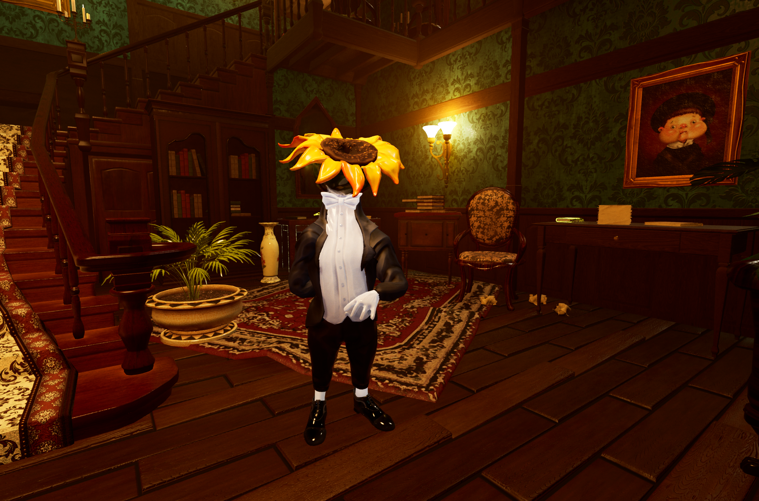 A cartoon character with a sunflower for a head, dressed in formal attire, inside a richly decorated Victorian-style room.