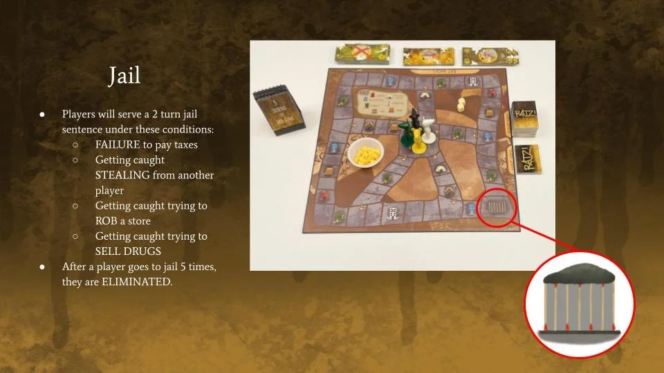 Board game with black and green pawn pieces, yellow piece, and green piece on a map-like game board. Cards and a bowl of yellow popcorn are on the table. An illustration of a jail cell with bars is shown, with a red circle highlighting the cell.