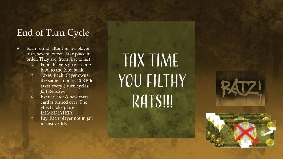 A board game instruction card with the title 'End of Turn Cycle' on the left, describing actions for each turn, and chaotic graphics on the right with the text 'TAX TIME YOU FILTHY RATS!!!' in white against a green background, along with a graffiti-style 'RAUZ!' tag and a stack of cards with a red cross.