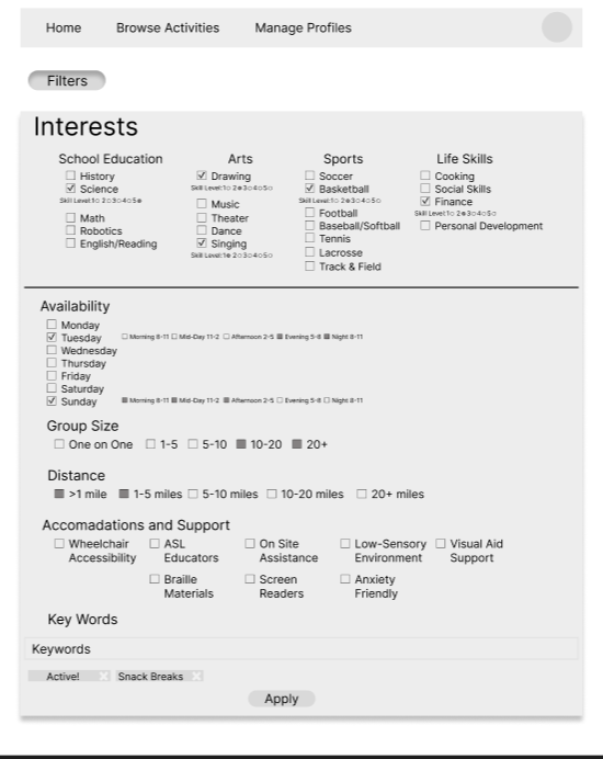 Ability to search based on the interests that have been submitted, but also able to filter through other options to find spaces to push past comfort zones.