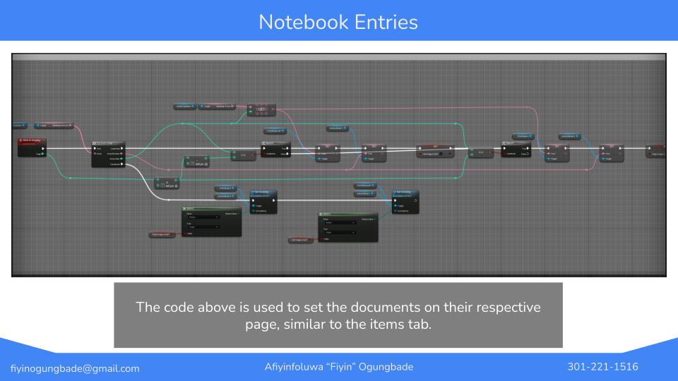 Screenshot of a digital interface titled 'Notebook Entries' displaying a flowchart or node-based programming script with various colored nodes connected by lines. A gray text box at the bottom explains the code's purpose in setting documents on their