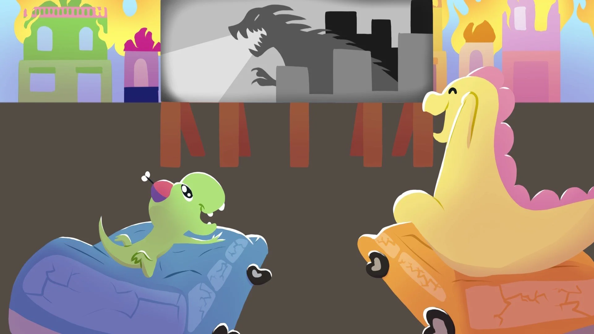 Two cartoon dinosaurs, a green one and a yellow one, are sitting on colorful rocks, smiling and talking. In the background, there are colorful castles and a black and white illustration of a monster or robot.