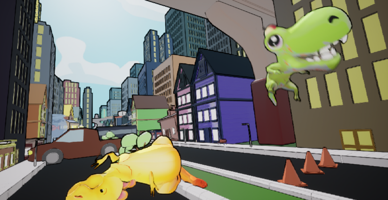 Cartoon city scene with two large, animated, green dinosaur characters, one on the street and one flying.