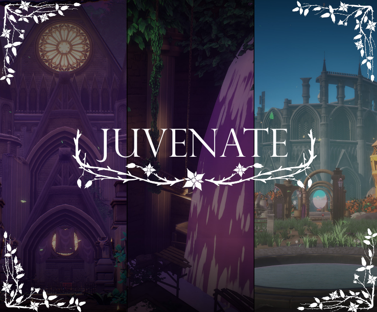 A fantasy-themed collage with three scenes separated by vertical lines, featuring gothic architecture, lush greenery, and a glowing fountain, with white floral accents and the word 'JUVENTA' at the center.
