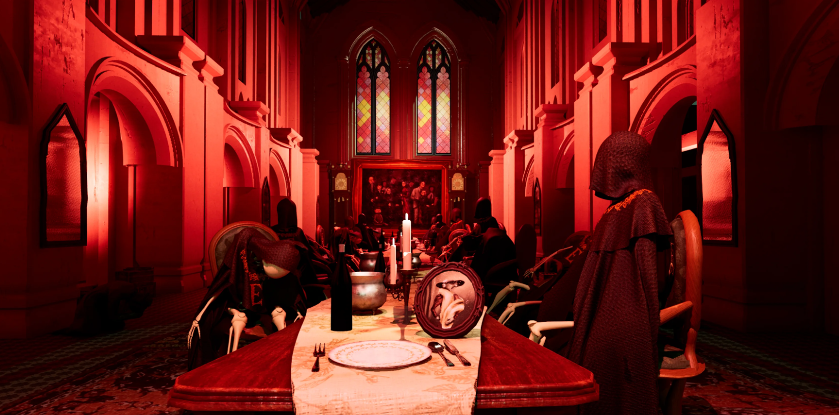 A dimly lit church with red lighting, decorated with candles on a long dining table set with plates and utensils, and skeleton figures dressed in dark robes seated around the table, with stained glass windows in the background.
