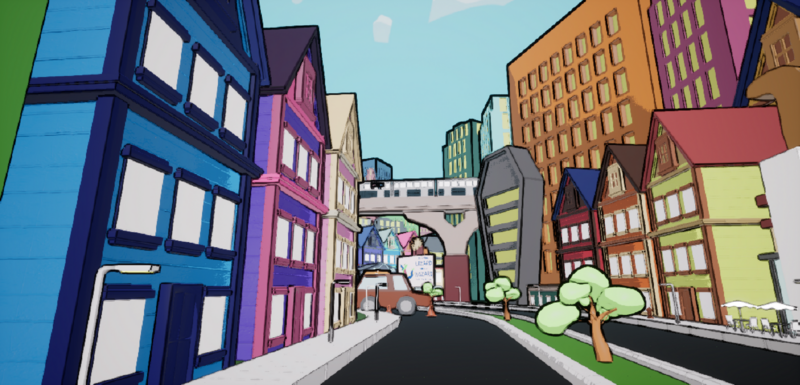 Colorful cartoon city street with buildings, trees, cars, and an overpass bridge.
