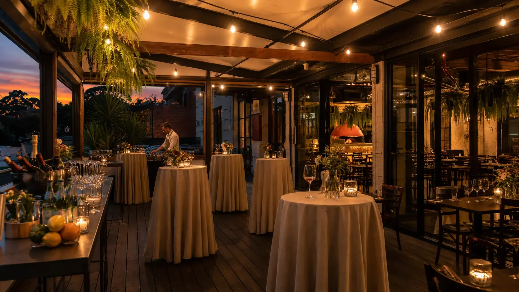 Da Mario terrace set up for cocktail function in Rosebery Sydney during an evening event