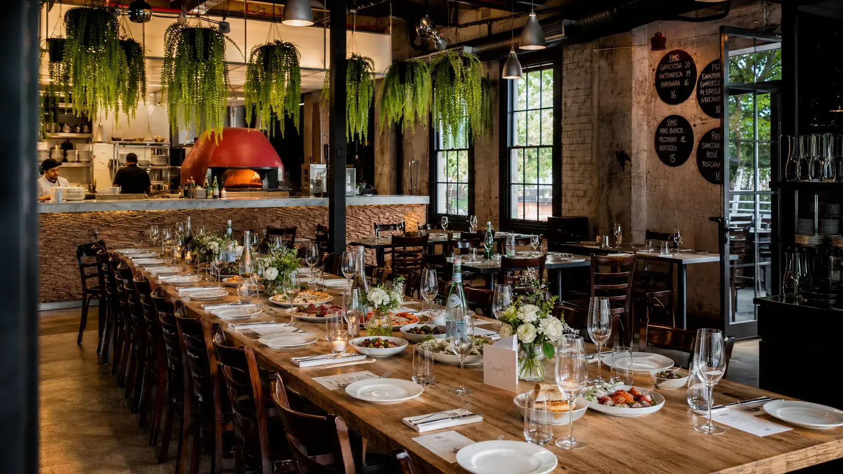 Da Mario Rosebery engagement party room — wood-fired oven, exposed brick, warm lighting