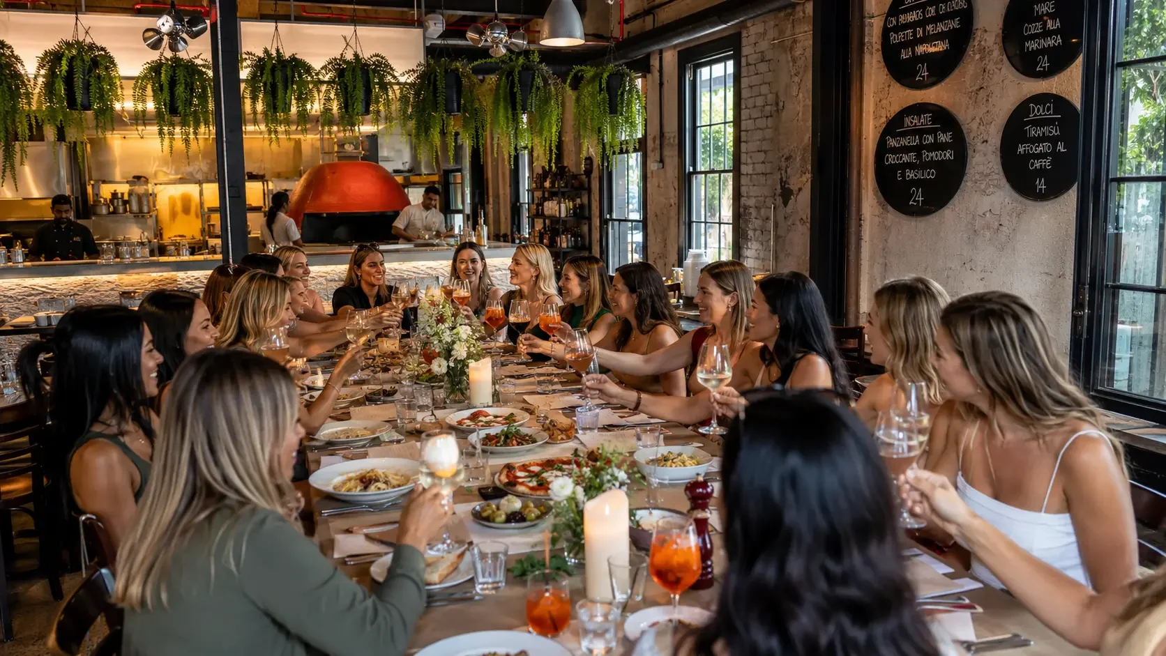 Group of women toasting at a bridal shower lunch at an Italian restaurant in Sydney