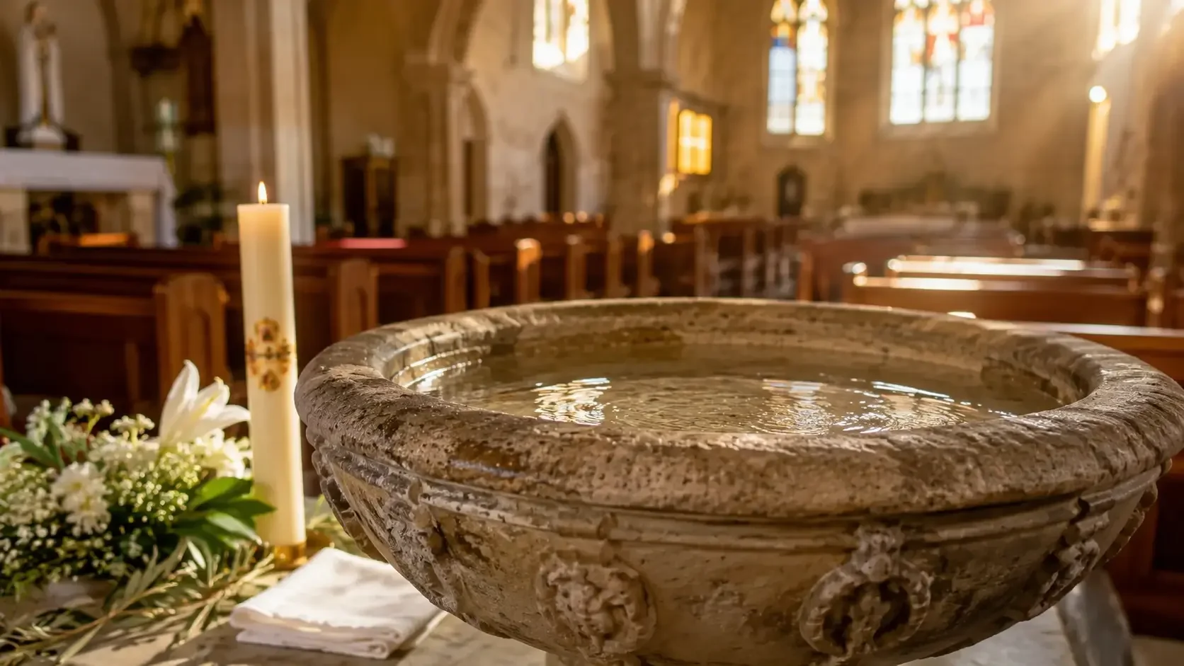 Sunlit interior of a Sydney church with a stone baptismal font ready for a christening ceremony