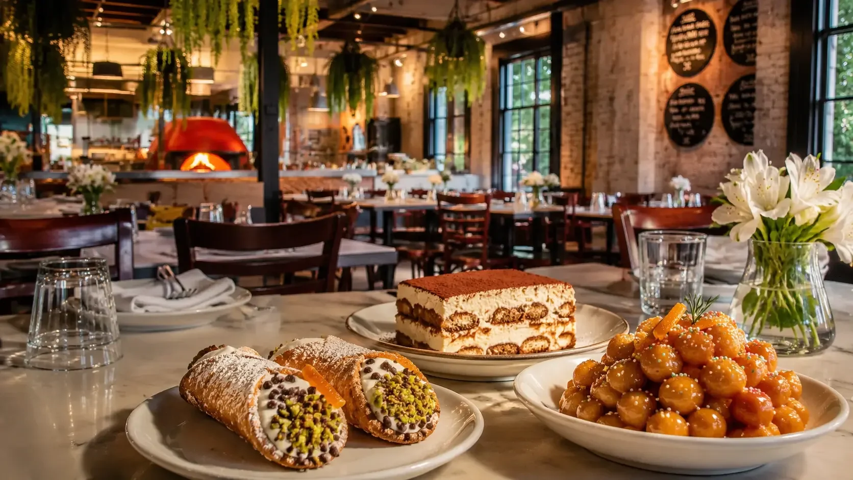 Italian dolci including Sicilian cannoli and tiramisu to finish a christening celebration