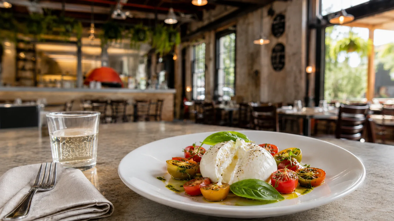 Burrata caprese with cherry tomatoes and chive oil, antipasti at Da Mario Rosebery