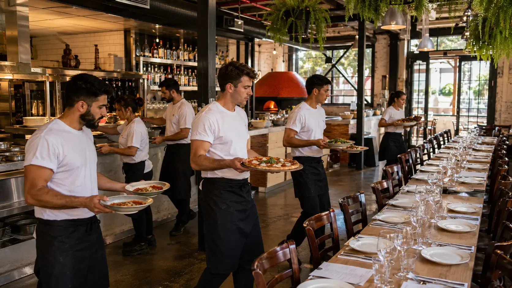 Service team plating courses for a large group dinner at a Sydney restaurant