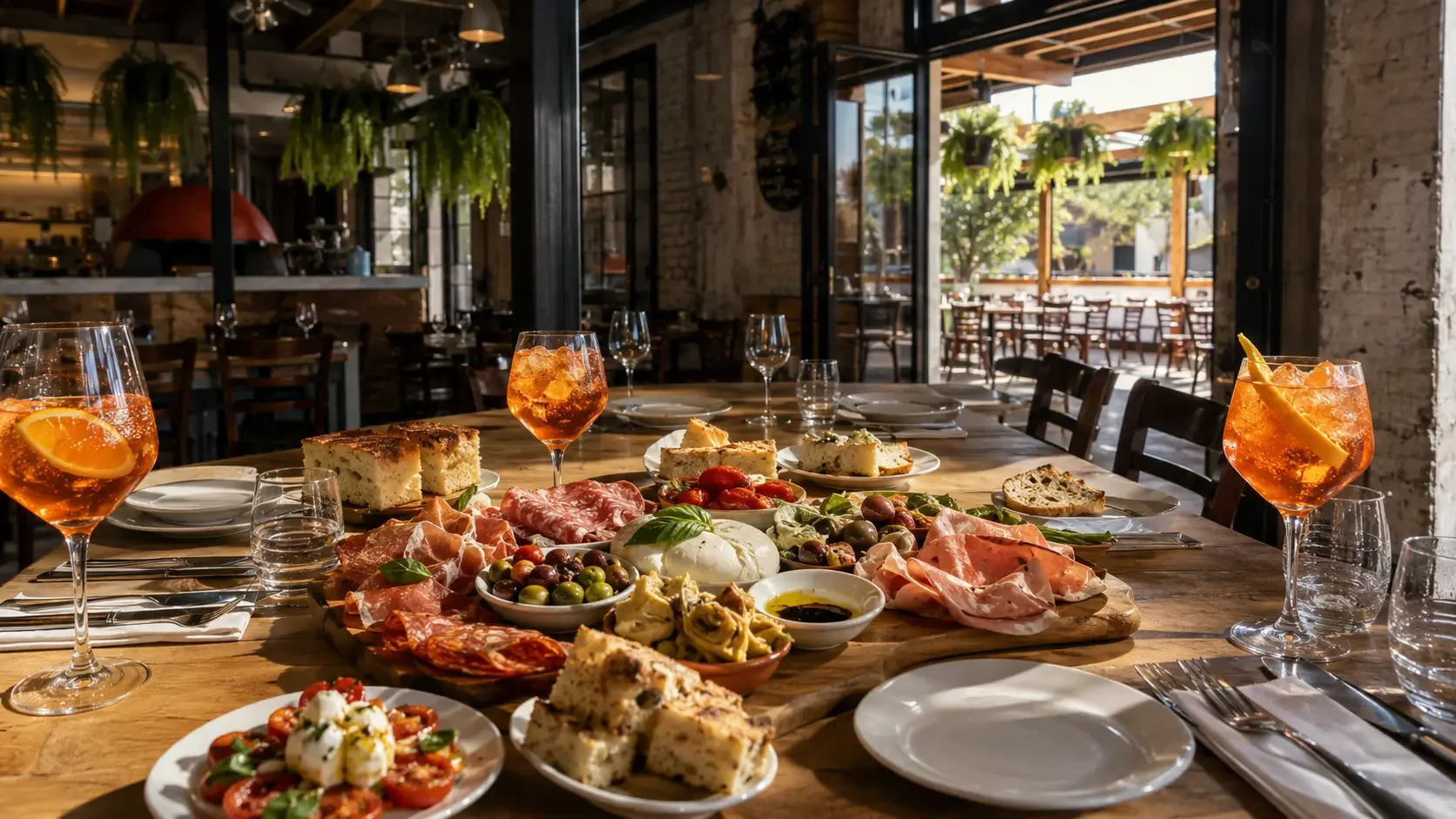 Italian aperitivo bridal shower spread with antipasto board, Aperol spritz and focaccia at Da Mario