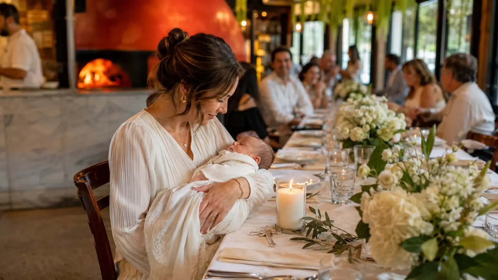Godparent gently holding a baby in a white christening gown beside a lit baptismal candle