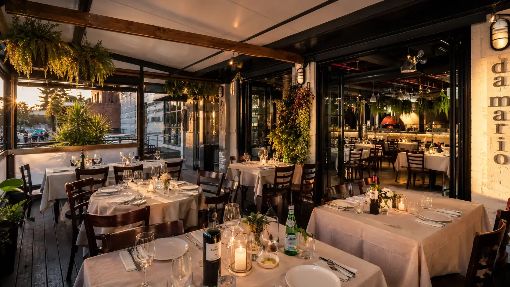 Outdoor engagement party venue Sydney - Da Mario terrace in Rosebery set with linen, lanterns and Italian styling at golden hour