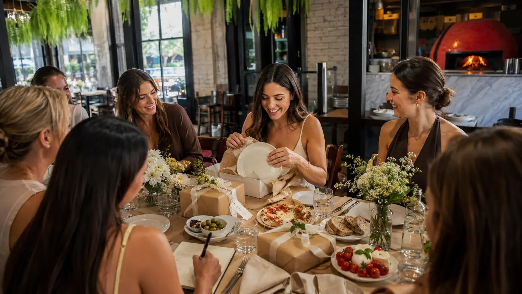 Bride opening presents surrounded by guests during the bridal shower gift-opening ritual