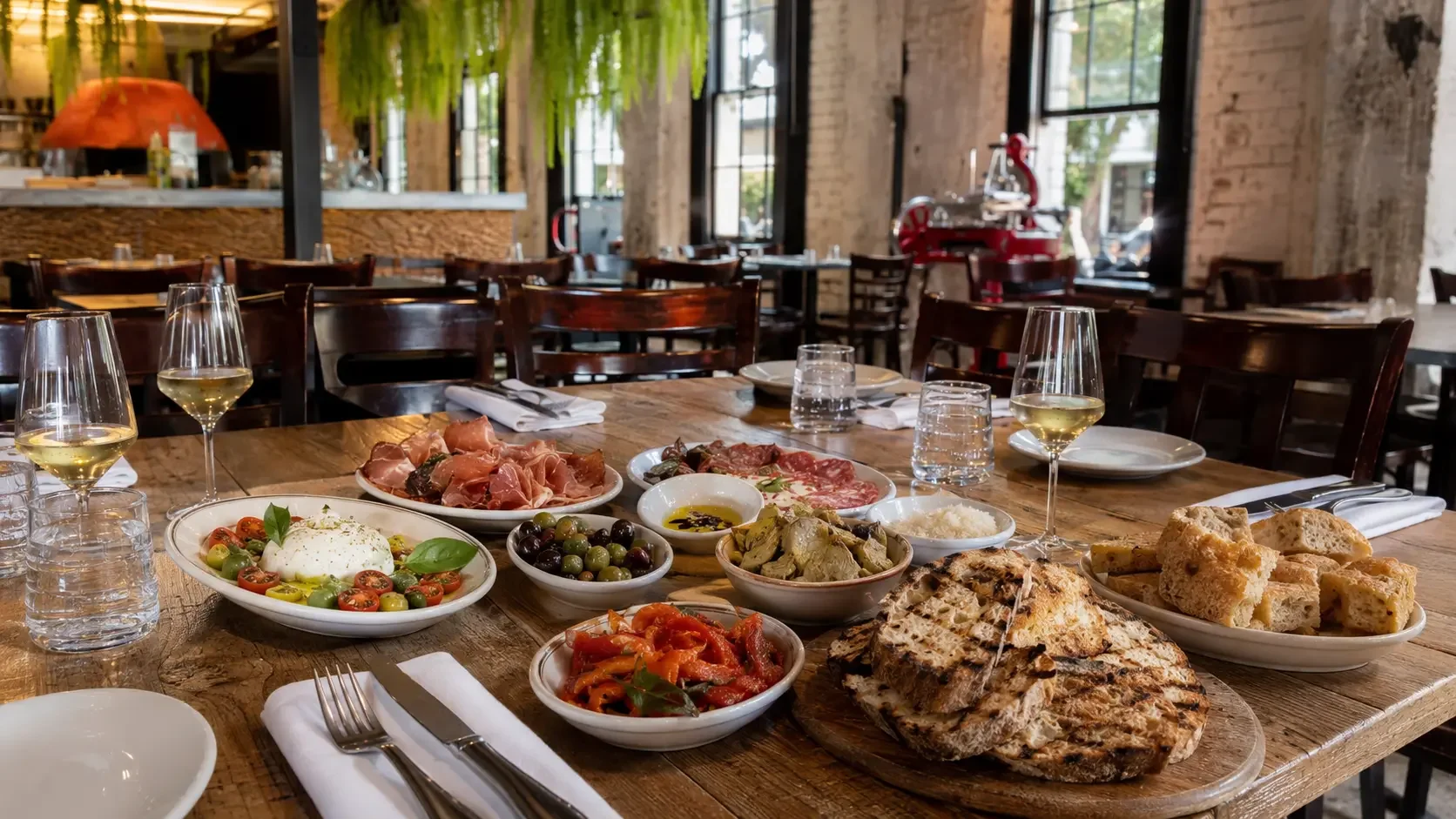 Italian sharing platter on a casual engagement party table with antipasti, burrata and bread